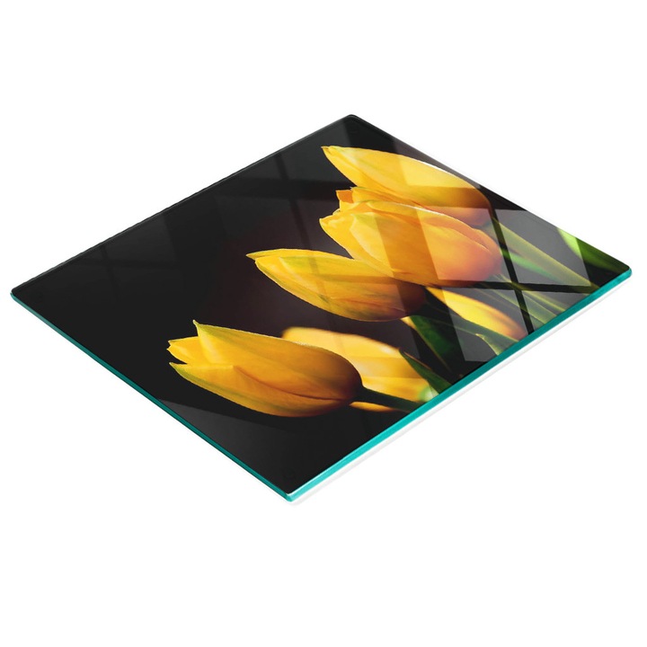 Dekoratív tábla, Tulup, fal/konyhapult védelem, üveg, 60x52cm, csúszásmentes, magas hőmérsékletnek ellenálló, sárga tulipán mintás