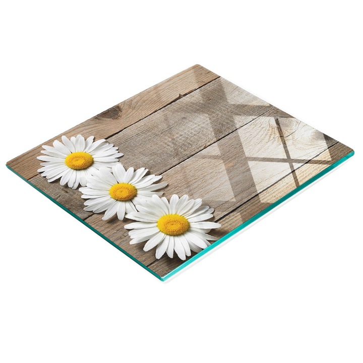 Dekoratív tábla, Tulup, fal-/konyhapult védelem, üveg, 60x52cm, csúszásmentes, magas hőmérsékletnek ellenálló, margaréta mintás, fa