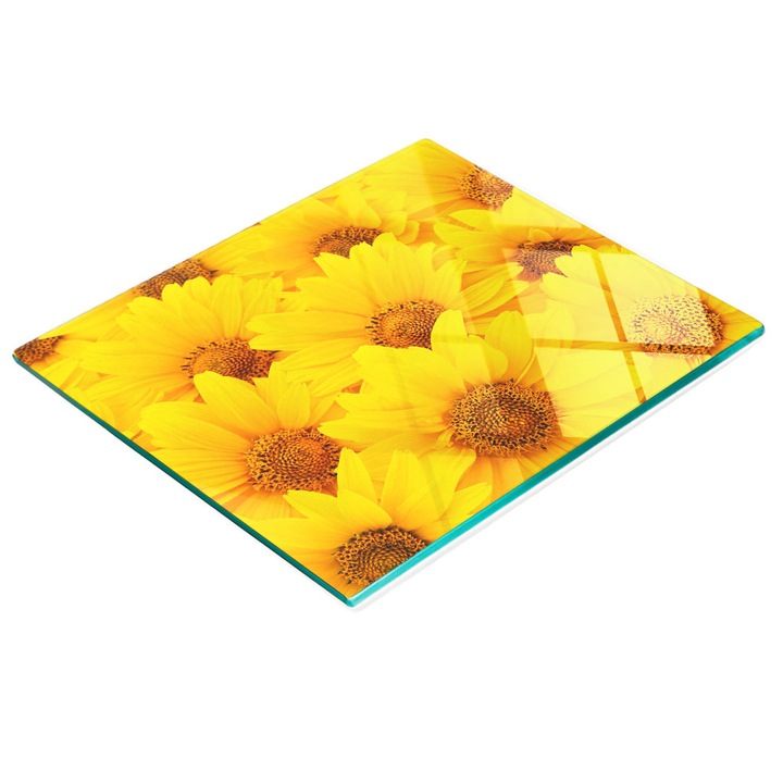 Placa decorativa, Tulup, protectie perete/blat bucatarie, sticla, 60x52cm, antiderapanta, rezistenta la temperaturi ridicate, model floarea-soarelui