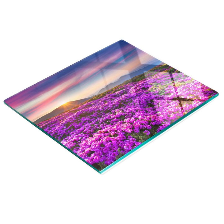 Dekoratív tábla, Tulup, fal-/konyhapult védelem, üveg, 60x52cm, csúszásmentes, magas hőmérsékletnek ellenálló, hegyi virágok modell