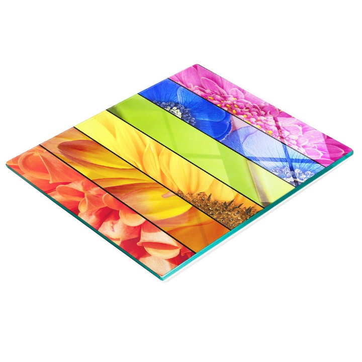 Dekoratív tábla, Tulup, fal/konyhapult védelem, üveg, 60x52cm, színes virágminta