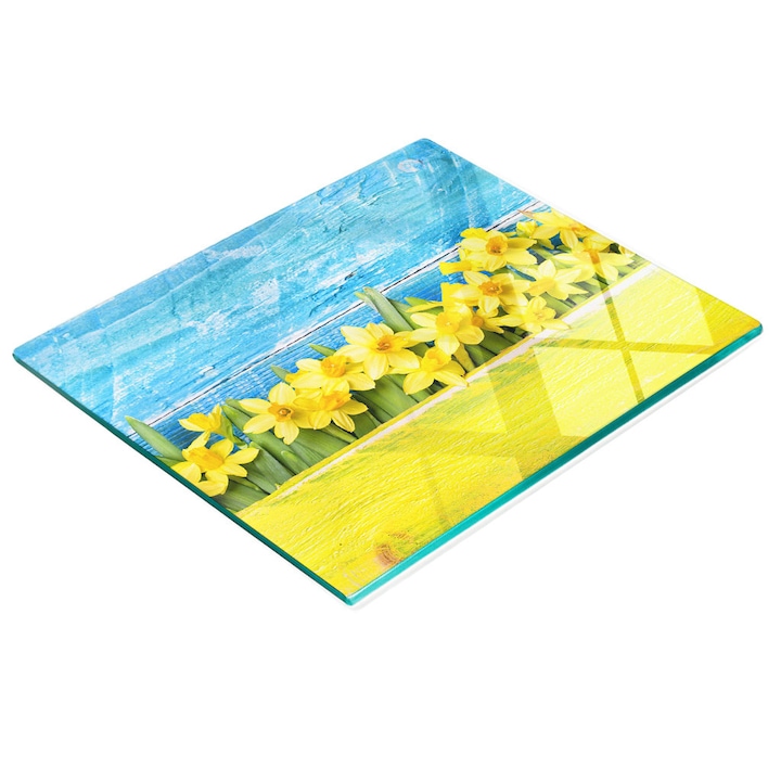 Placa decorativa, Tulup, protectie perete/blat bucatarie, sticla, 60x52cm, antiderapanta, rezistenta la temperaturi ridicate, model narcise