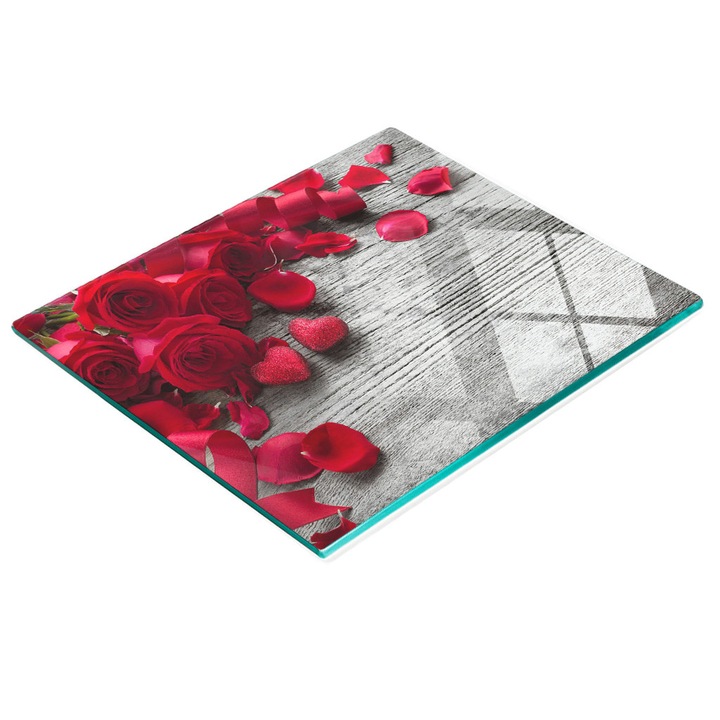 Dekoratív tábla, Tulup, fal/konyhapult védelem, üveg, 60x52cm, csúszásmentes, magas hőmérsékletnek ellenálló, piros rózsa minta