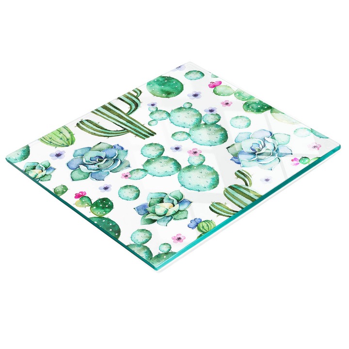 Dekorációs tábla, Tulup, fal/konyhapult védelem, üveg, 60x52cm, csúszásgátló, magas hőmérsékletnek ellenálló, kaktusz mintás