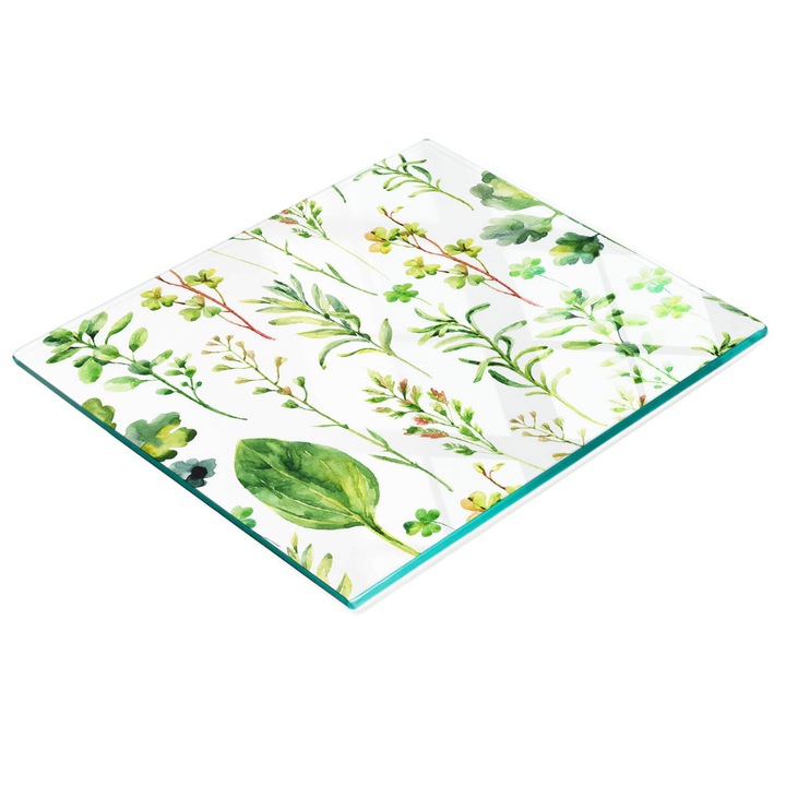 Dekorációs tábla, Tulup, fal/konyhapult védelem, üveg, 60x52cm, csúszásmentes, magas hőmérsékletnek ellenálló, gyomok mintával