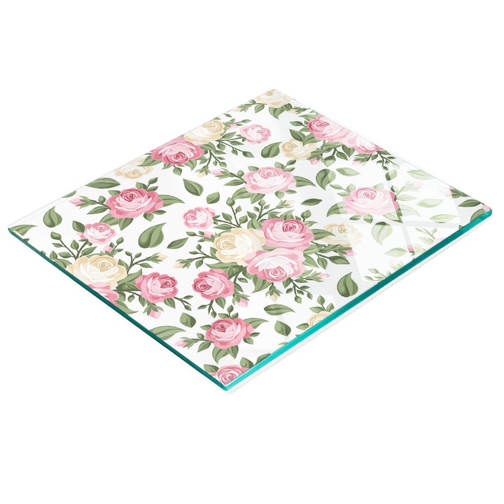 Dekoratív tábla, Tulup, fal-/konyhapult védelem, üveg, 60x52cm, csúszásmentes, magas hőmérsékletnek ellenálló, rózsa minta