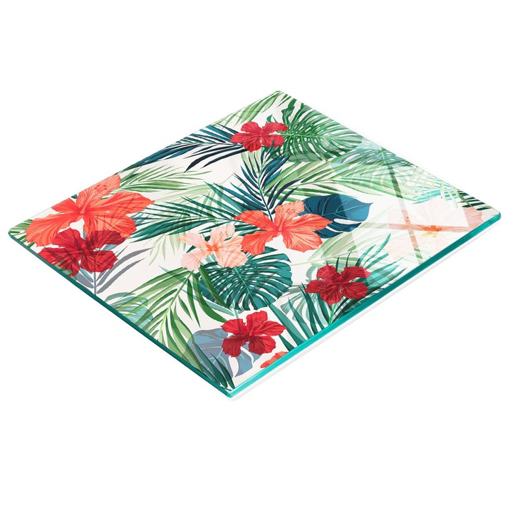 Dekorációs tábla, Tulup, fal-/konyhapult védelem, üveg, 60x52cm, csúszásmentes, magas hőmérsékletnek ellenálló, trópusi virágok minta