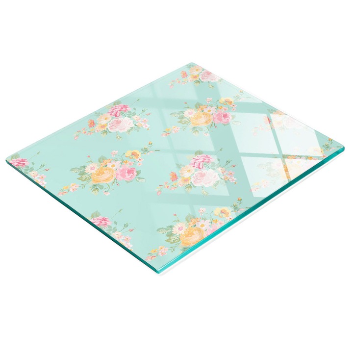 Placa decorativa, Tulup, protectie perete/blat bucatarie, sticla, 60x52cm, antiderapanta, rezistenta la temperaturi ridicate, model flori