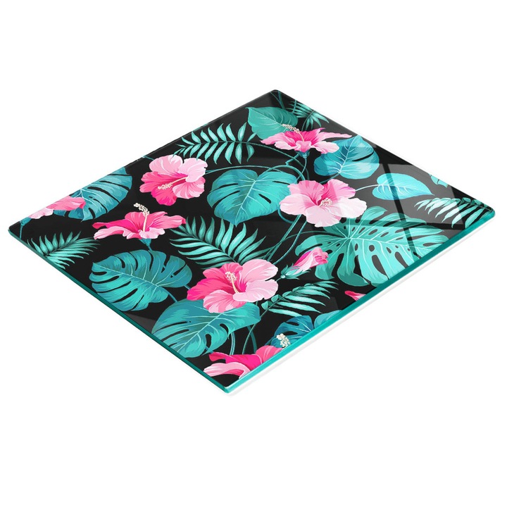 Dekoratív tábla, Tulup, fal-/konyhapult védelem, üveg, 60x52cm, csúszásgátló, magas hőmérsékletnek ellenálló, trópusi virágok mintával