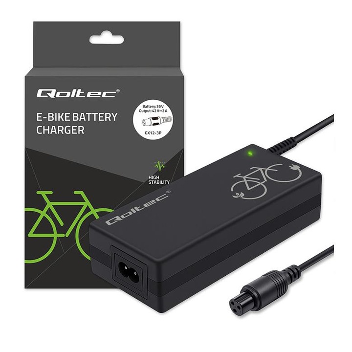 Incarcator Qoltec pentru bicicleta electrica 36V/42V, 2A, GX12-3Pin, cu cablu de alimentare