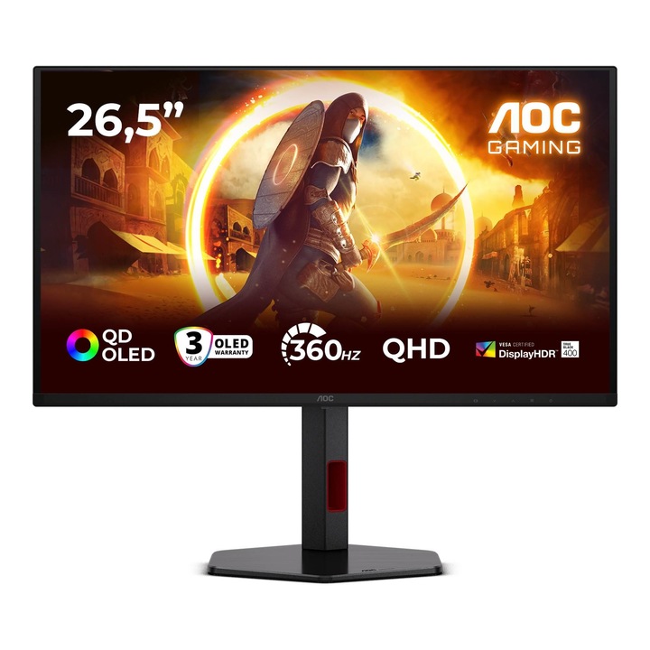 Монитор 26.5'' AOC Gaming Q27G4SDR, QLED, QD-OLED, 2560x1440, 1 x DisplayPort 1.4, 2 x USB 3.2 Downstream, 2 x HDMI 2.1, 1 x USB 3.2 Type-B Upstream
