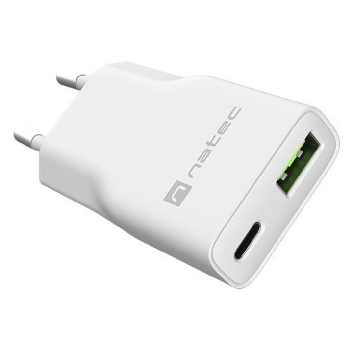 Incarcator laptop Natec Ribera Gan Slim 1x USB-A + 1x USB-C 20W alb