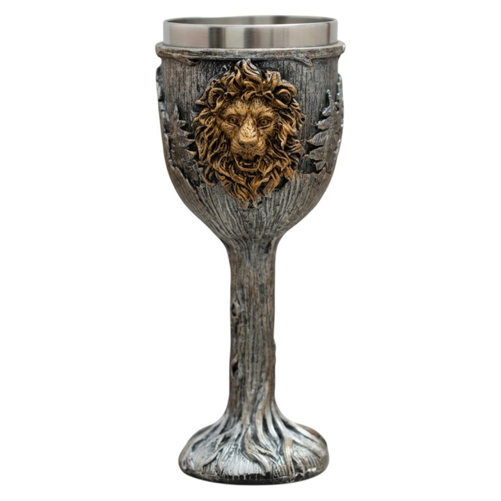 Pocal medieval MASTPAD premium cu design leu sculptat 3D, metal antichizat, cadou elegant pentru barbati si colectionari