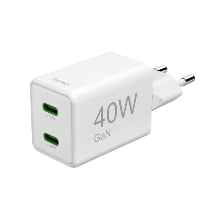 Incarcator Hama 201989 GaN, 2x USB-C, PD, 40W Alb
