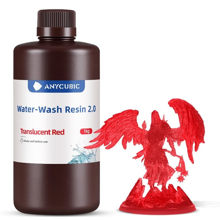 Rasina 3D, Anycubic Water Washable 2.0, 1kg, Rosu Transparent, pentru imprimanta 3D
