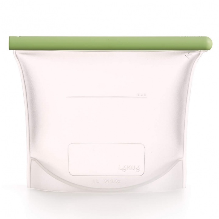 Lekue 1010209 folyadék és élelmiszer tároló és fagyasztó tasak, 1 l, szilikon, kiömlésmentes, feliratozható mező, multifunkcionális, -60/+220°C, zöld