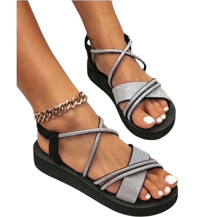 Дамски черни сандали, сив кант