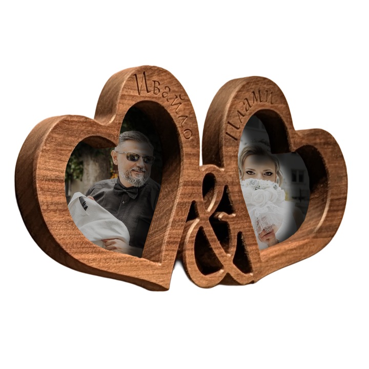 Ramă foto CrafTech, model "Două inimi", nuc american masiv, personalizată cu nume gravate, 32x16 cm, maro