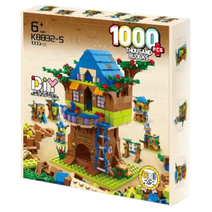 Set constructie 6 in 1 Casuta din copac 1000 piese, pentru copii 6+ ani