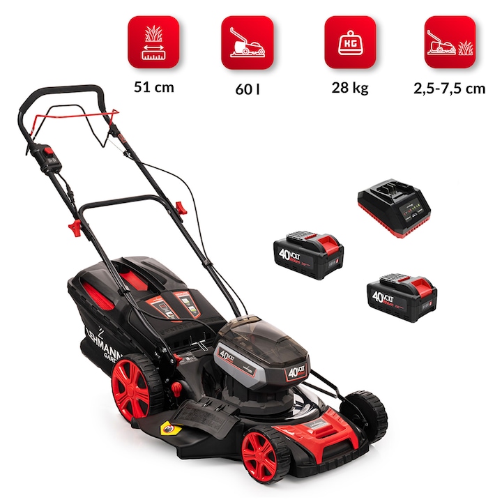 Masina de tuns gazon/iarba pe acumulator Lehmann latime taiere 51 cm, sac colector 60 L, inaltime de taiere 25-75 mm, acumulator 2 x 40v 2Ah 28 kg negru/ rosu