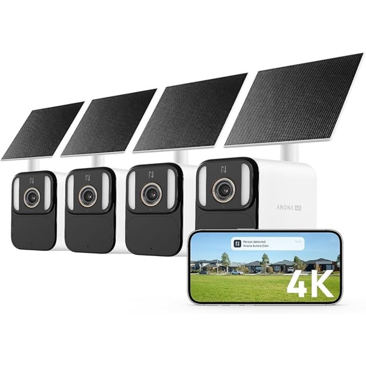 Set cameră de supraveghere Anona Aurora 4K, 4 camere, Wireless, 8MP, Nocturnă Color, IP67, Memorie 32GB