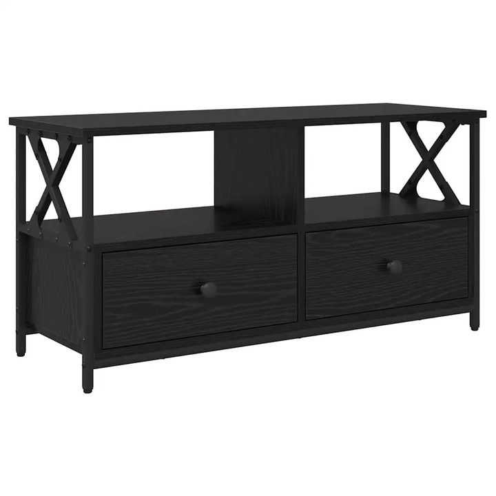 Cabinet TV, vidaXL, Stejar negru, 90x33x45cm, lemn ingineresc și oțel, cu raft și sertar