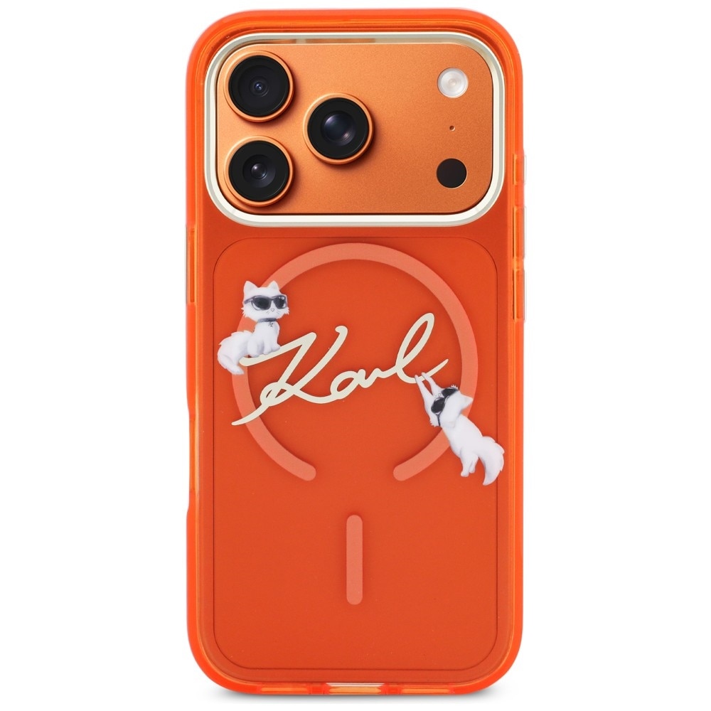 Carcasa Karl Lagerfeld IML Choupettes Karl Script Logo cu MagSafe compatibila cu iPhone 17 Pro, Portocaliu