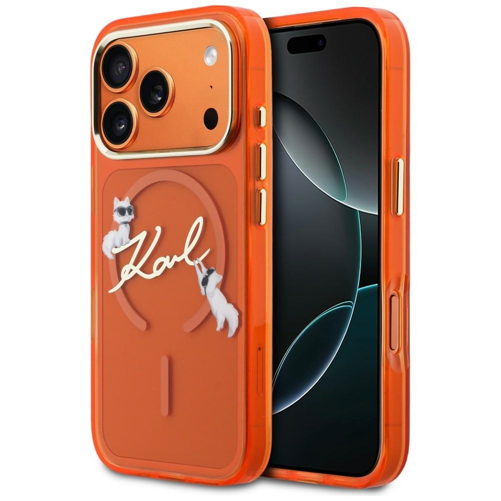Carcasa Karl Lagerfeld IML Choupettes Karl Script Logo cu MagSafe compatibila cu iPhone 17 Pro, Portocaliu