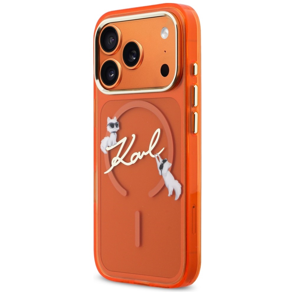 Carcasa Karl Lagerfeld IML Choupettes Karl Script Logo cu MagSafe compatibila cu iPhone 17 Pro, Portocaliu