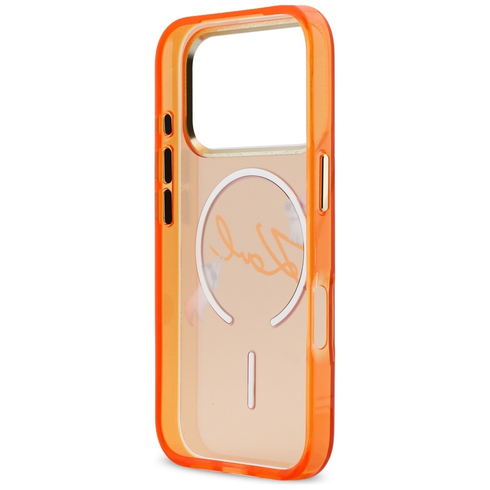 Carcasa Karl Lagerfeld IML Choupettes Karl Script Logo cu MagSafe compatibila cu iPhone 17 Pro, Portocaliu
