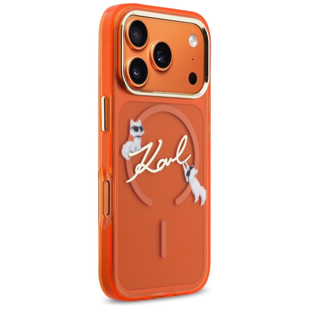 Carcasa Karl Lagerfeld IML Choupettes Karl Script Logo cu MagSafe compatibila cu iPhone 17 Pro, Portocaliu