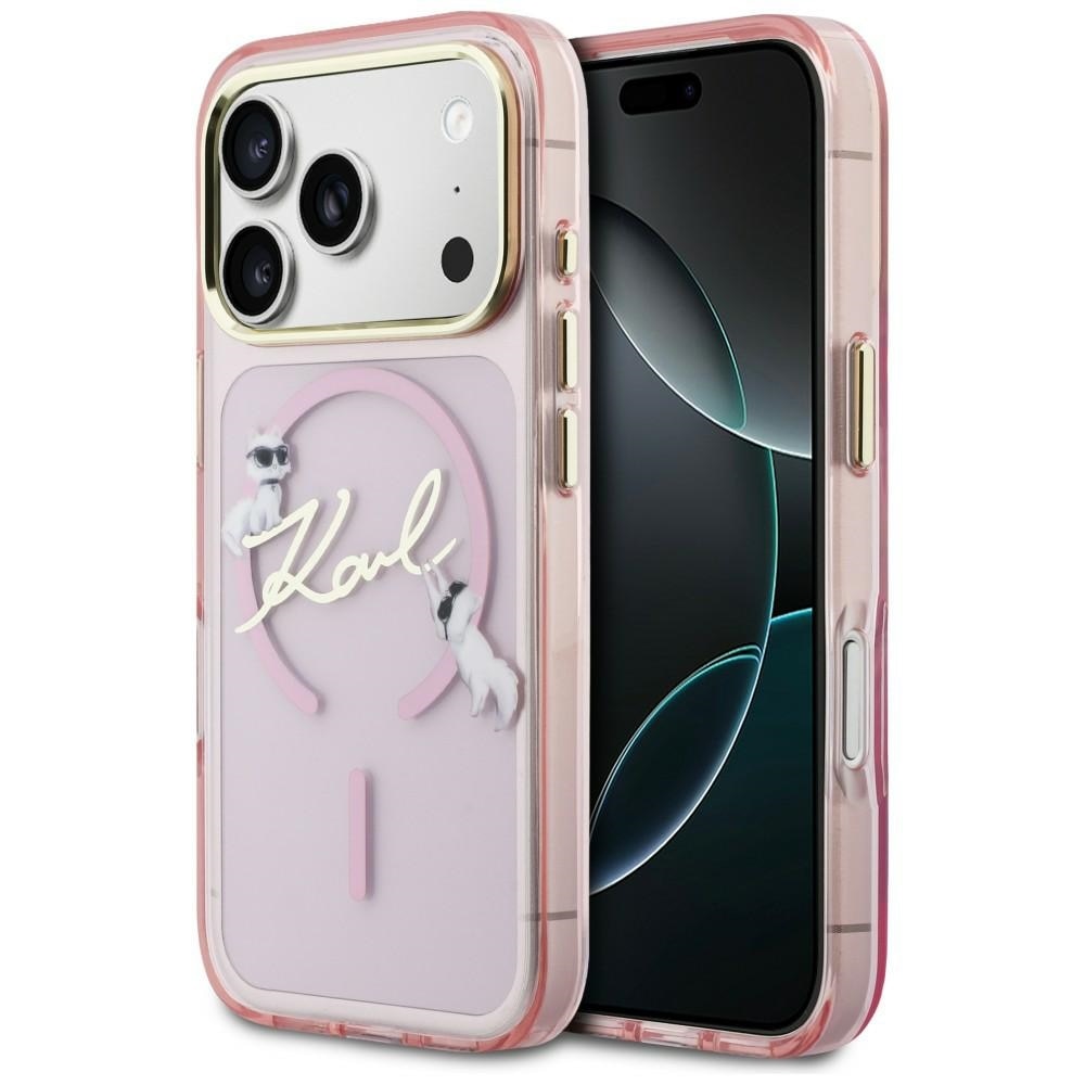 Carcasa Karl Lagerfeld IML Choupettes Karl Script Logo cu MagSafe compatibila cu iPhone 17 Pro, Roz
