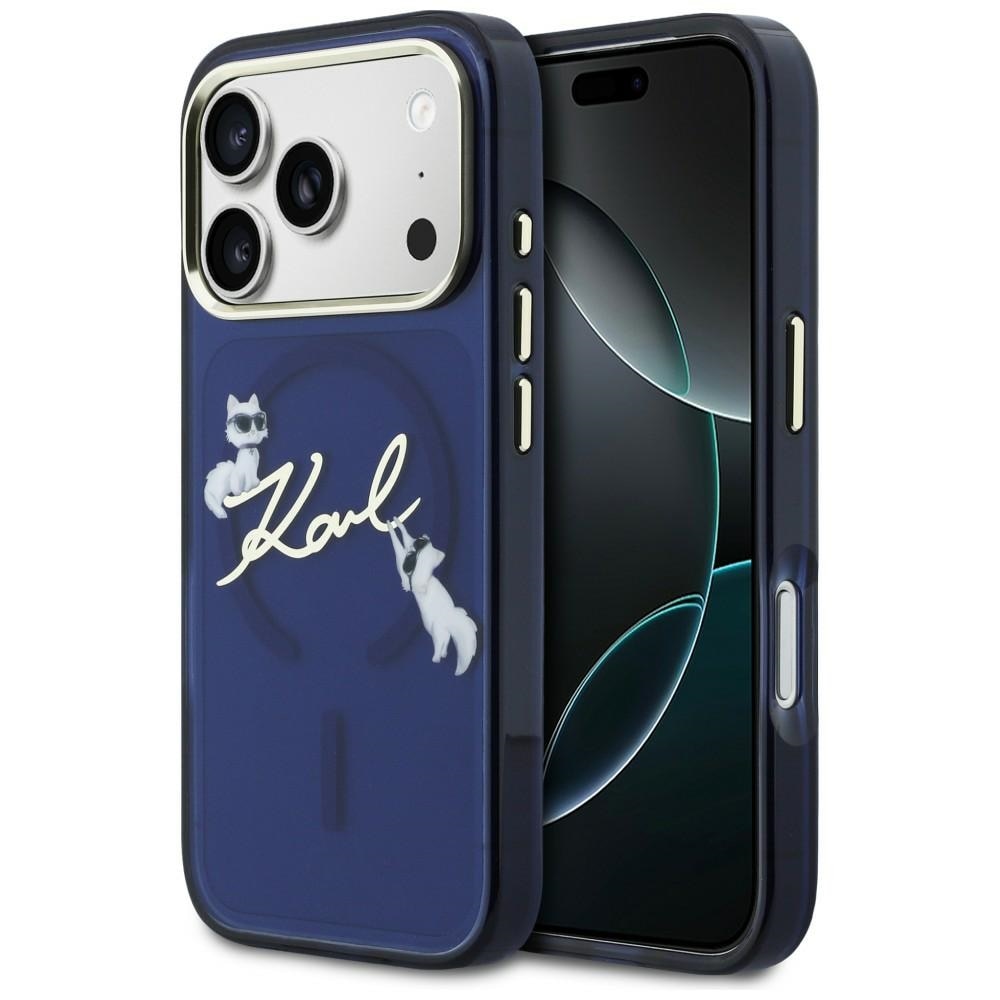 Carcasa Karl Lagerfeld IML Choupettes Karl Script Logo cu MagSafe compatibila cu iPhone 17 Pro Max, Albastru