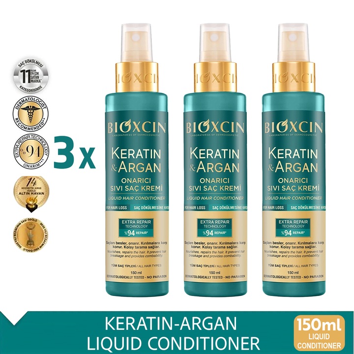 Bioxcin Keratin Argan Folyékony Hajbalzsam, 3x150 ml, Sérült Hajra
