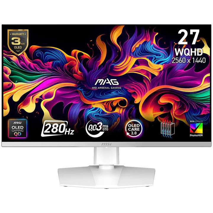 Monitor Gaming MSI MAG 272QPW QD-OLED X28, 26.5'', WQHD (2560 x 1440), 280Hz, 0.03ms, HDMI, DisplayPort, Pivot, NVIDIA G-SYNC, AMD FreeSync Premium Pro, White