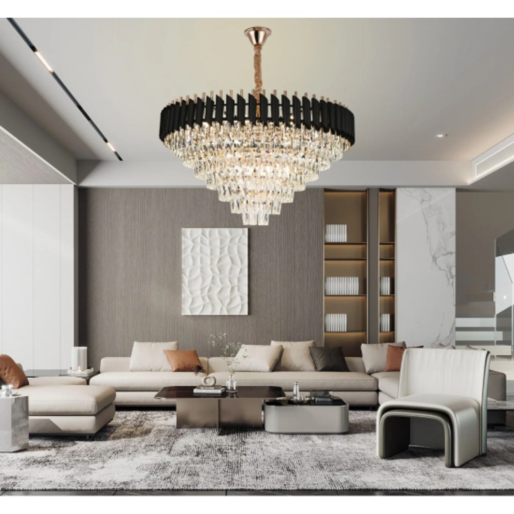 Candelabru Cristal K9 Negru+Gold 12x Bec E27, 80cm Diametru