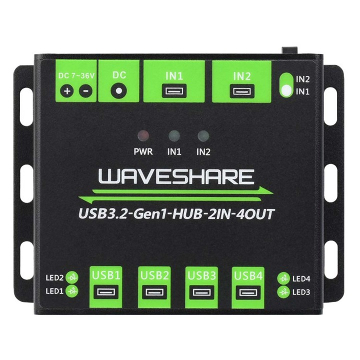 Hub USB 3.2 Gen 1, Waveshare, 2IN-4OUT, 5Gb/s, metalic, set cu 2 cabluri USB A-A