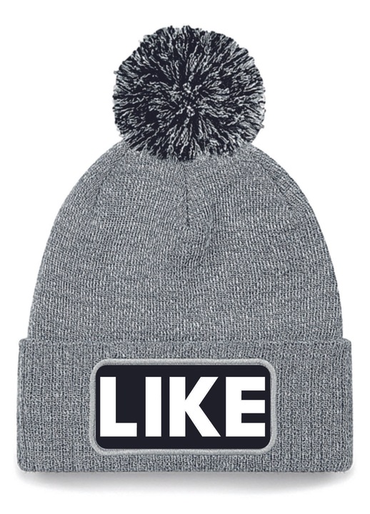 Caciula unisex LIKE, gri, cu ciucure, imprimeu alb