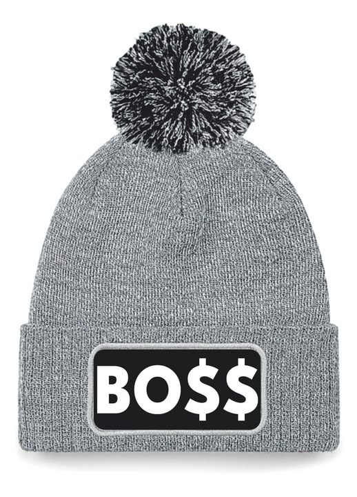 Caciula unisex „BOSS”, gri, cu ciucure, imprimeu alb
