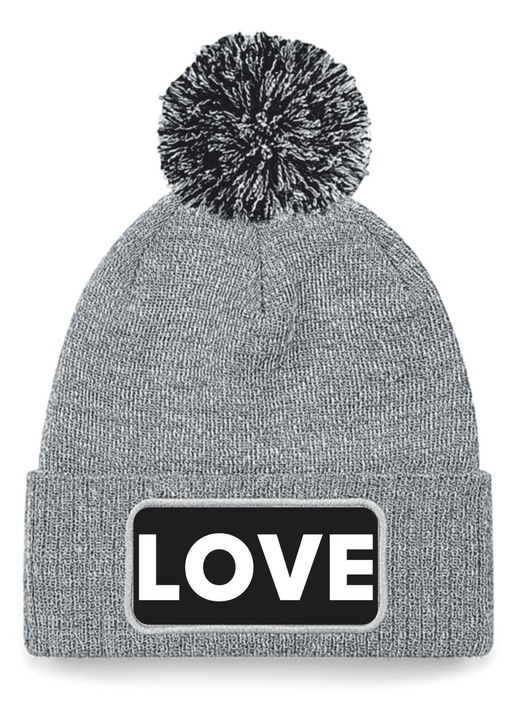 Caciula unisex LOVE, gri, cu ciucure, imprimeu alb