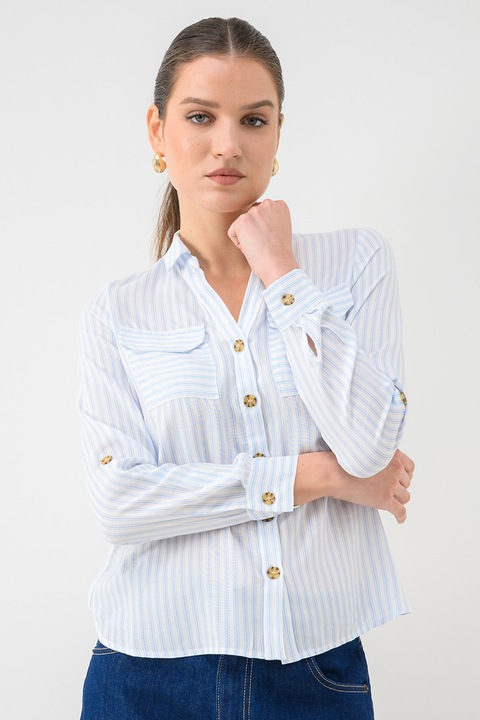 Vero Moda, Camasa cu buzunare pe piept, Alb/Albastru glaciar