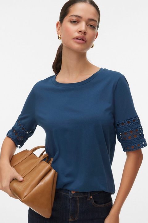 Vero Moda, Tricou cu decolteu rotund si maneci cu broderii, Albastru inchis