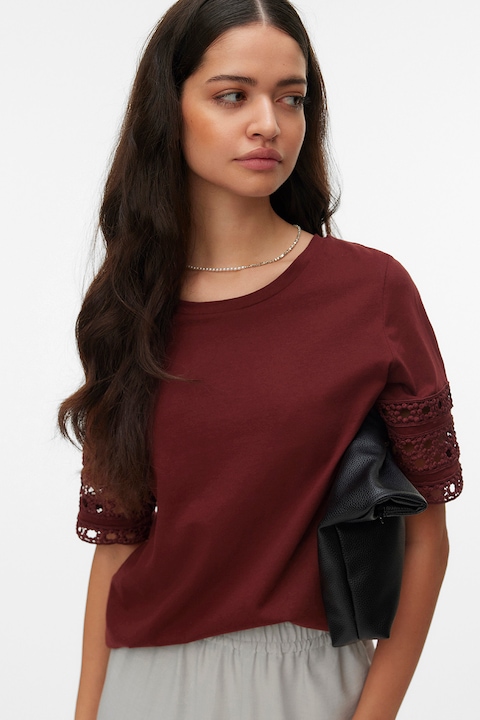 Vero Moda, Tricou cu decolteu rotund si maneci cu broderii, Visiniu