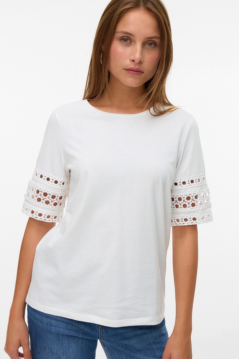 Vero Moda, Tricou cu decolteu rotund si maneci cu broderii, Alb optic