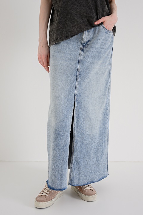 Vero Moda, Fusta maxi din denim cu slit, Albastru melange
