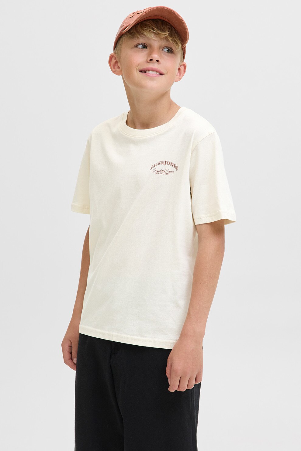 Jack & Jones, Tricou de bumbac cu imprimeu pe spate, Coral, Alb murdar, 164 CM