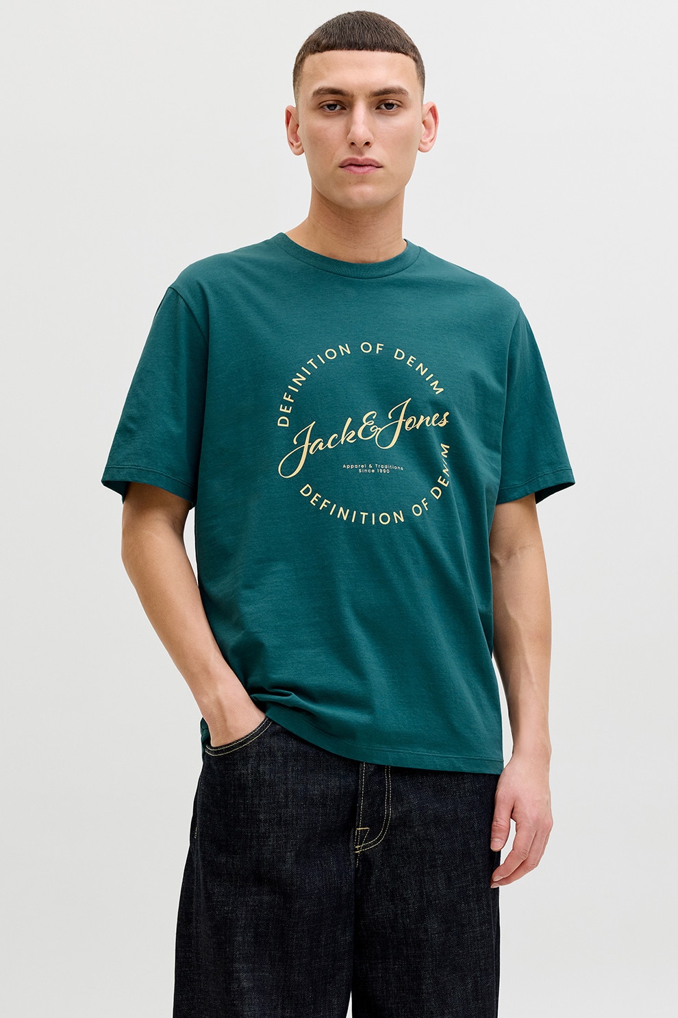 Jack & Jones, Tricou de bumbac cu imprimeu logo, Galben pai, Albastru petrol, M