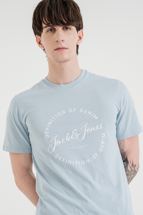 Jack & Jones, Памучна тениска с лого, Бял/Ледено синьо