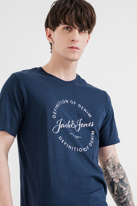 Jack & Jones, Tricou de bumbac cu imprimeu logo, Alb/Bleumarin