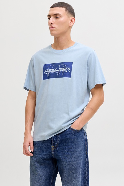 Jack & Jones, Tricou din bumbac cu imprimeu logo pe piept, Albastru pastel/Albastru indigo